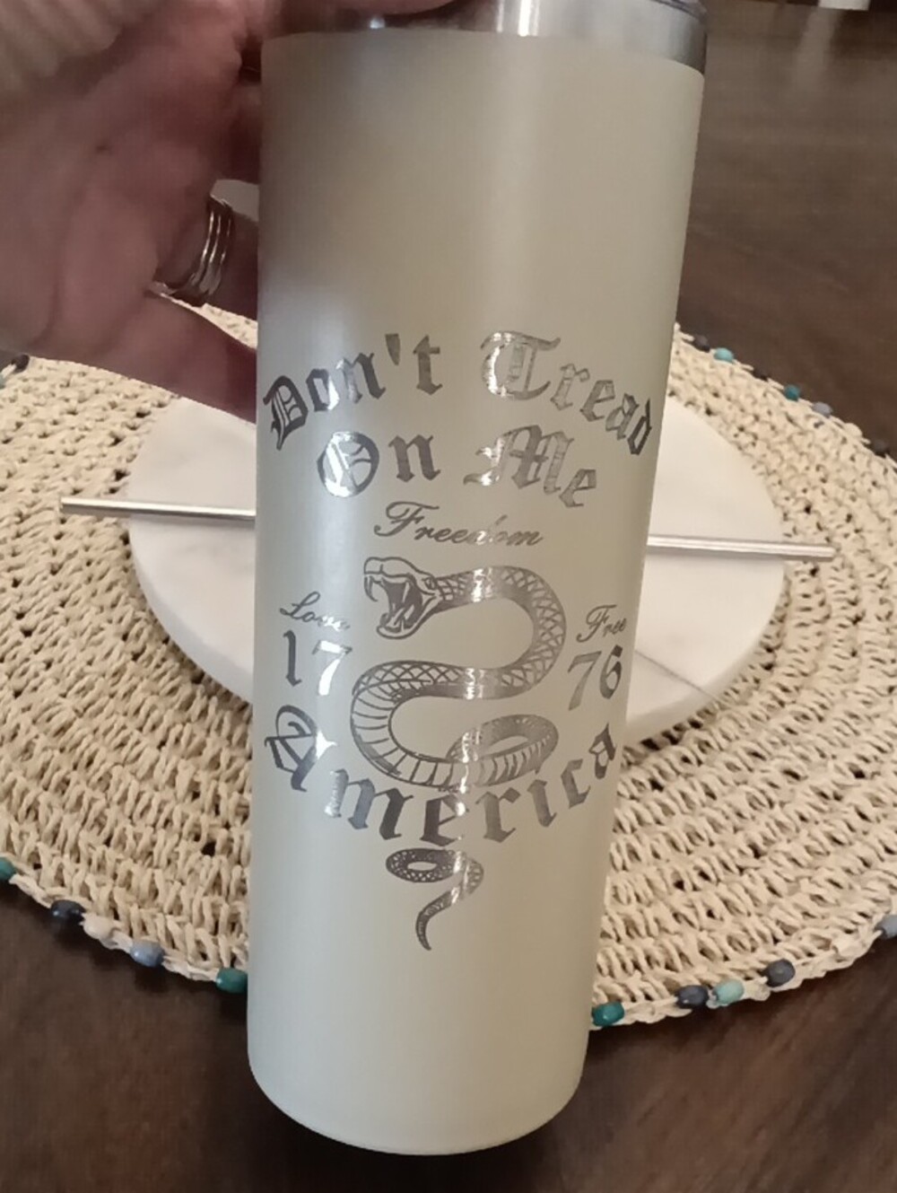 Engraved Matte Khaki 'Don't Tread On Me' Stainless Skinny Tumbler - Picture 5 of 5